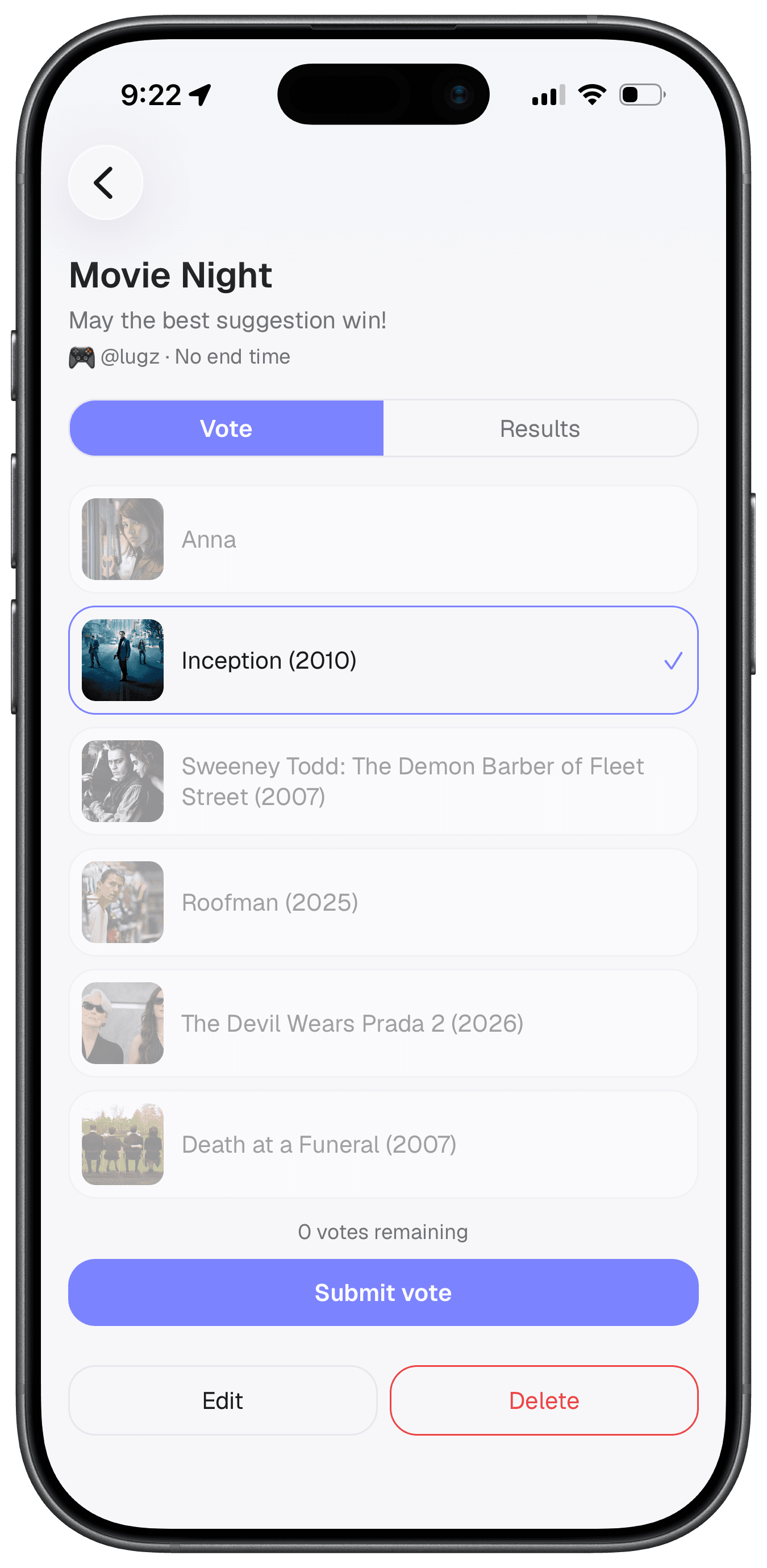 List poll and voting screen