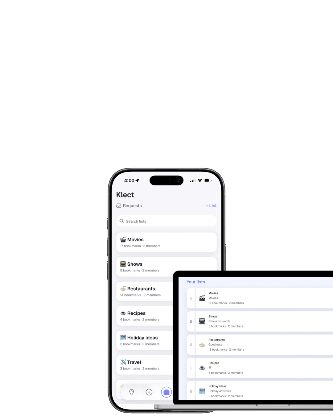 Klect on phone and tablet